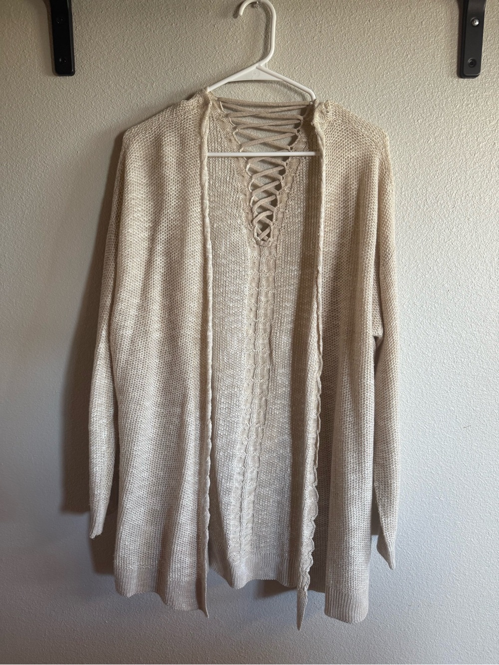Maurices Cream Lace-Up Open Front Cardigan Sweater